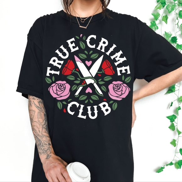 Forensics & Flowers Tops - Forensics & Flowers True Crime Club Relaxed Fit Black Graphic Tee, Unisex, EUC!